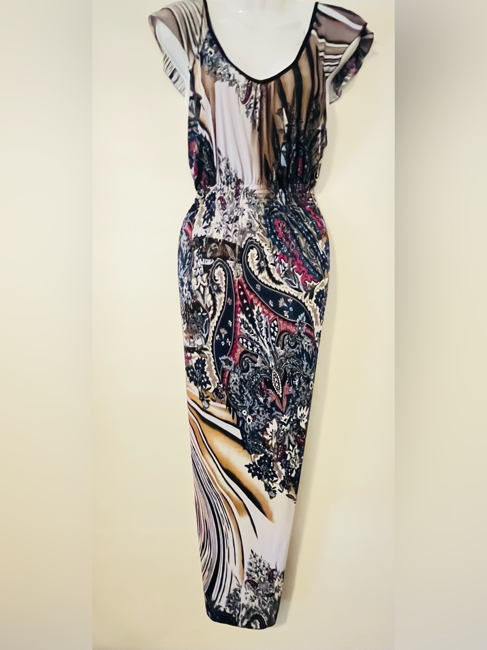 Shui Si Qing Women’s Multicolor Paisley Maxi Dress Size Large Flutter Sleeves - Picture 2 of 7